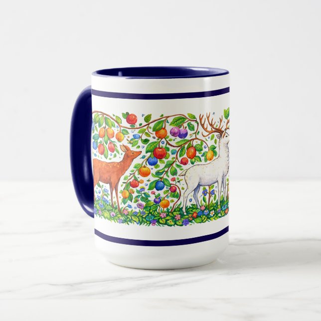 Caneca Cervo Retro em Friso de Floresta de Árvore Frutífe (Frente Esquerda)