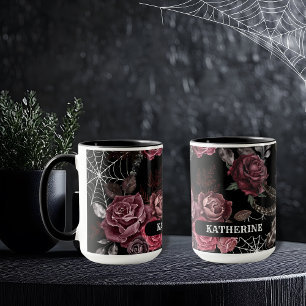 Caneca Chá de Noiva preto floral gótico sombrio e tempera