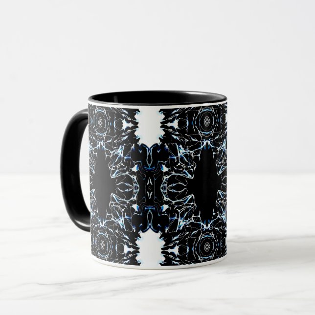 Caneca Chaotic Abstract Blue on Black and White Fluid Art (Frente Esquerda)