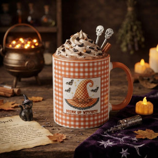 Caneca Chapéu de Bruxa de Gingham Laranja e Morcegos de H