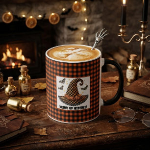Caneca Chapéu de Bruxa de Xadrez Laranja e Preto de Hallo