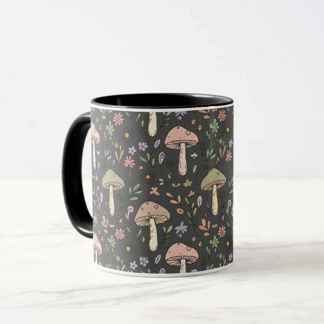 Caneca Charcoal Gray Earthy Fungi Seamless Pattern Modern (Frente Esquerda)