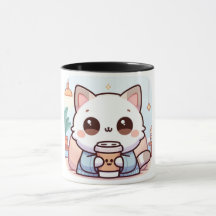 Caneca Chat Kawaii com Café – Ilustração de Gatinh