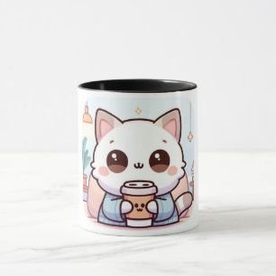 Caneca Chat Kawaii com Café – Ilustração de Gatinh