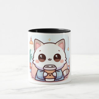 Caneca Chat Kawaii com Café – Ilustração de Gatinh