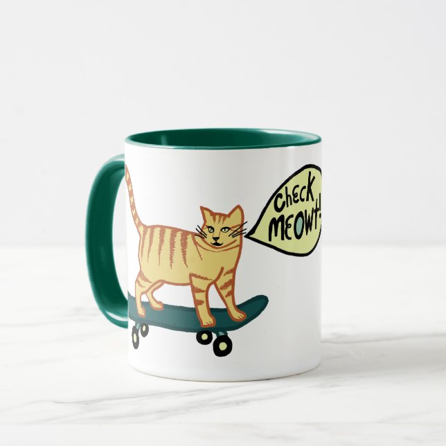 Caneca Check Meowt Punny Skateboard Tabby Cat (Frente Esquerda)