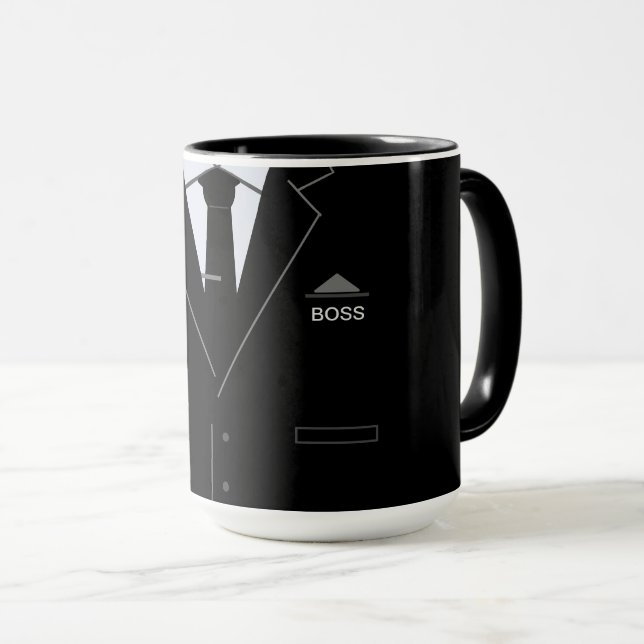 Caneca Chefe de negócios engraçado Mug com terno preto e  (Frente Esquerda)