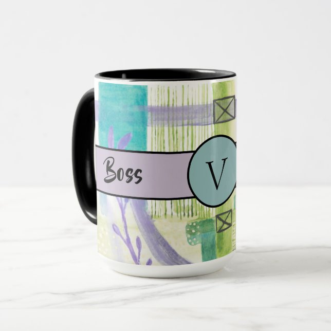 Caneca Chefe Lady Black Monograma Abstrato 2 Ringer 15oz (Frente Esquerda)