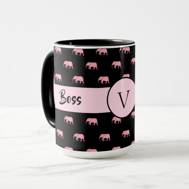 Caneca Chefe Lady Black Monograma Elefante Ringer 15oz (Frente Esquerda)