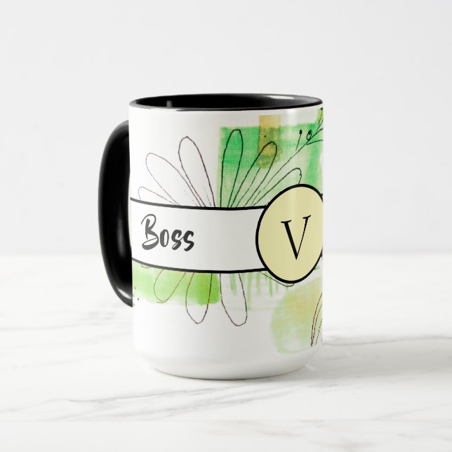 Caneca Chefe Lady Green Monograma Abstrato Ringer 15oz (Frente Esquerda)