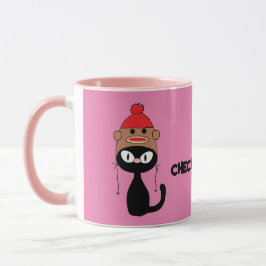 Caneca Cheque Meowt! Gato preto de desenho com chapéu mac