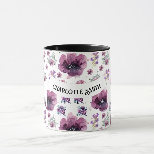 Caneca chic floral foliage purple blooming flowers (Centro)