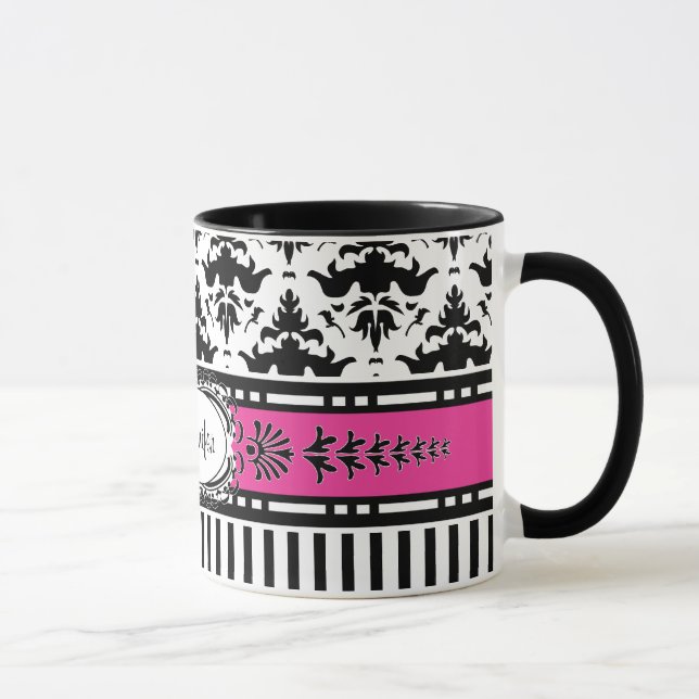 Caneca Chic Paris Stripes e Damask Adicionar Seu Nome (Direita)