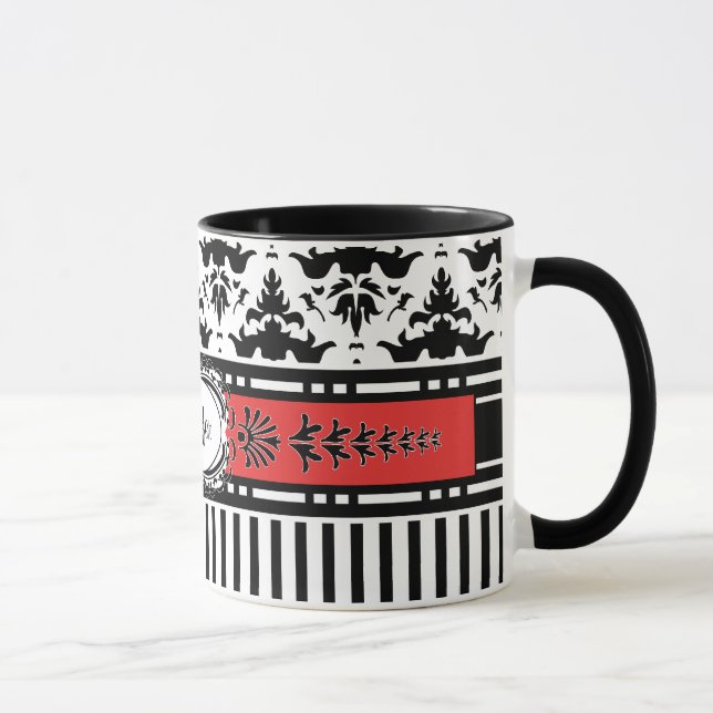 Caneca Chic Paris Stripes e Damask Adicionar Seu Nome (Direita)