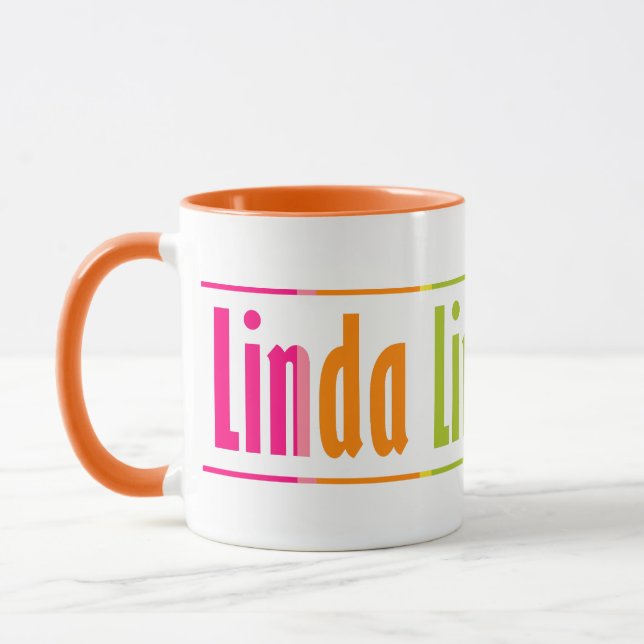 Caneca Chic Personalizado "Linda" Nome Listras Coloridas (Esquerda)