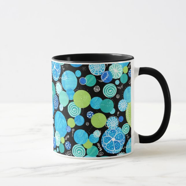 Caneca Chic Ringer Mug, Padrão de Luas Azuis Quirky (Direita)