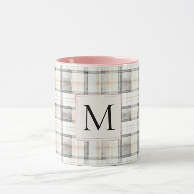 Caneca Chic White Grey Plaid Stripes Monogram (Centro)