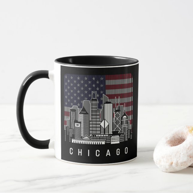 Caneca Chicago Illinois Skyline American Flag (Com Donut)