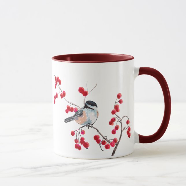 Caneca CHICKADEE & BAGAS VERMELHAS por SHARON SHARPE (Direita)