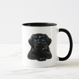 Caneca Chien noir cartoon pensif en 3D.