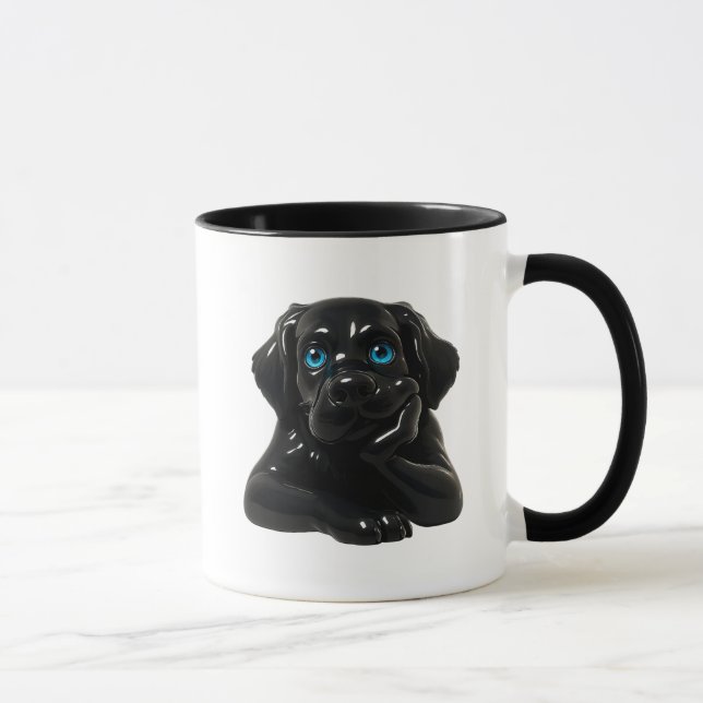 Caneca Chien noir cartoon pensif en 3D. (Direita)