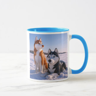 Caneca Chiens Huskys dans un paysage enneigé.