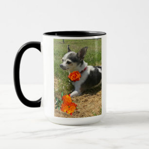 Caneca Chihuahua branco preto com Rosas laranja inspirand