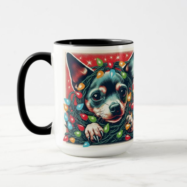Caneca Chihuahua Tangelado nas Luzes de Natal (Esquerda)
