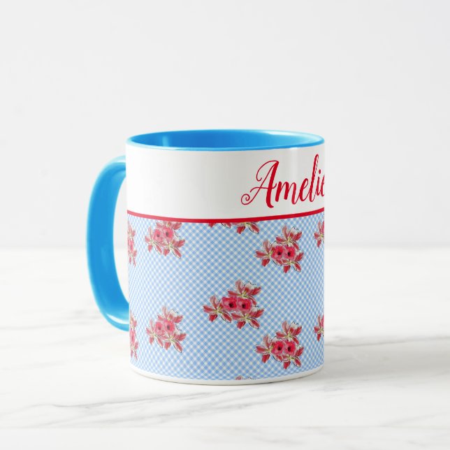 Caneca Chique Azul Vermelho Floral Lily Gingham Art Mug (Frente Esquerda)