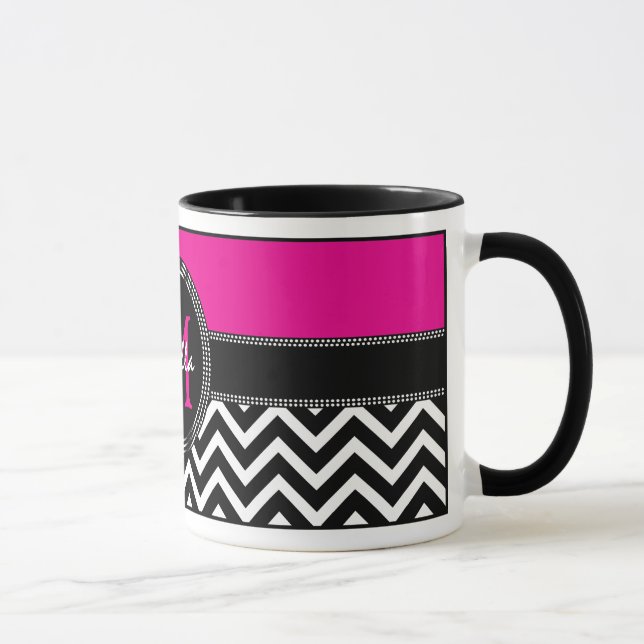 Caneca Chique de Isabella do monograma de Chevron do rosa (Direita)