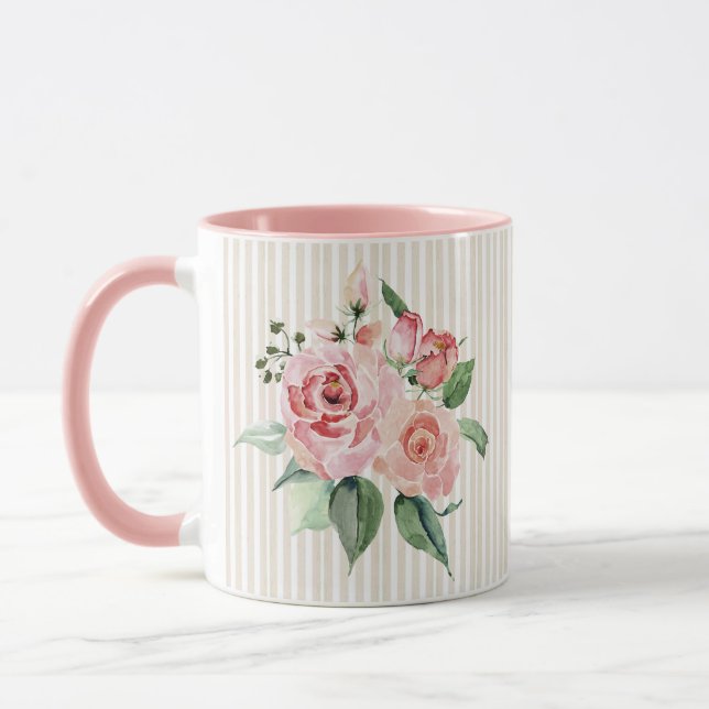 Caneca Chique floral personalizado, listrado a rosa  (Esquerda)