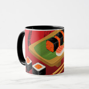 Caneca Chique Moderno Sushi Preto e Vermelho Elegante