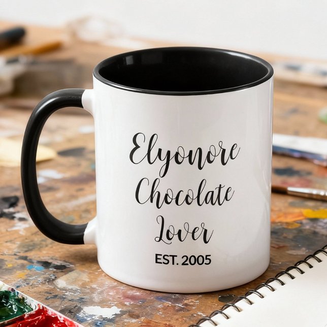 Caneca Chocolate Lover Black Script Personalized Name Est (Criador carregado)