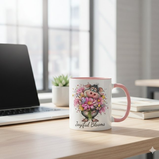 Caneca Choose Joy Every Day Mug: Cute Pig & Floral Art (Criador carregado)