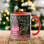 Caneca Christmas Be Merry and Bright Rustic Snowman Name<br><div class="desc">“May your days be merry & bright.” A white script typography quote and a close-up photo of a happy and cute, rustic log snowman, wrapped in a red and white striped scarf against lighted trees help you usher in Christmas and New Year. Feel the warmth and joy of the holiday...</div>