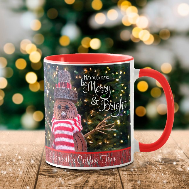 Caneca Christmas Be Merry and Bright Rustic Snowman Name (Criador carregado)