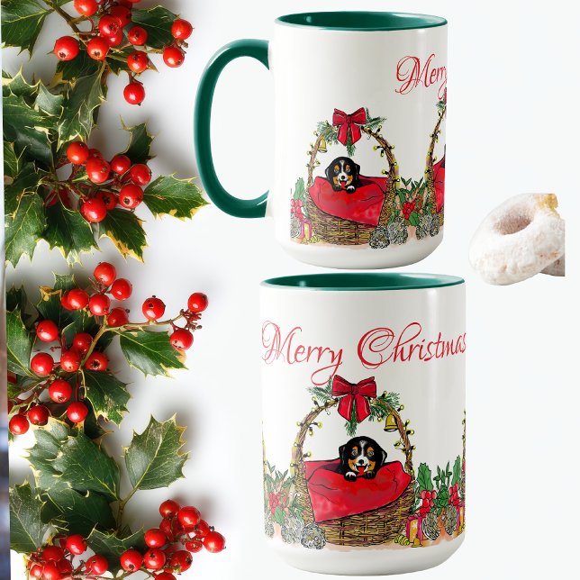 Caneca Christmas Happy Holidays, Cute Puppy in a Basket  (Criador carregado)