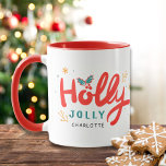 Caneca Christmas Holly Jolly Fun Winter Personalization N<br><div class="desc">O nome personalizado Tea Coffee Mug,  de natal Holly Jolly,  é representado pelo texto "Holly Jolly in red and blue moderna caligrafia tipografia e personalizado com seu nome personalizado. Destacado com flocos de neve e snowflakes. Presentes perfeitos para o Natal e feriados. Elaborado por ©Evco Holidays www.zazzle.com/store/evcoholidays</div>
