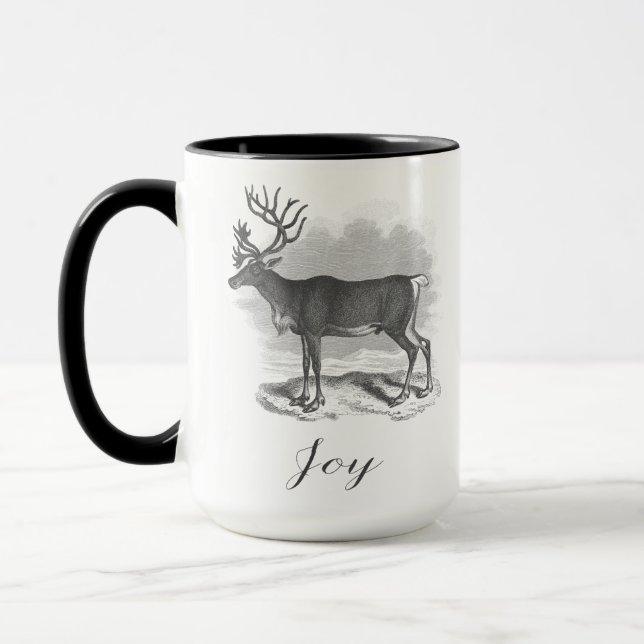 Caneca Christmas mug with antique deer etching says Joy (Esquerda)