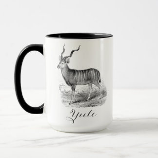 Caneca Christmas mug with antique deer etching says Yule.