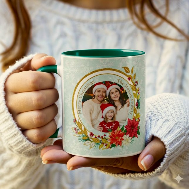 Caneca Christmas Photo - Gold Glitter Wreath Family (Criador carregado)