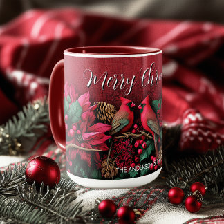 Caneca Christmas Pointessia Flower Cardinals Birds Name