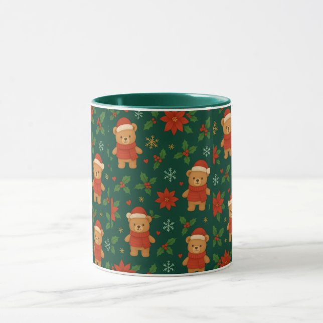 Caneca Christmas Teddy Bear Pattern – Cute Green Holiday  (Centro)