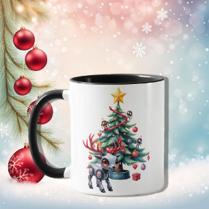 Caneca Ciberpunk Reindeer bonito com Árvore de Natal