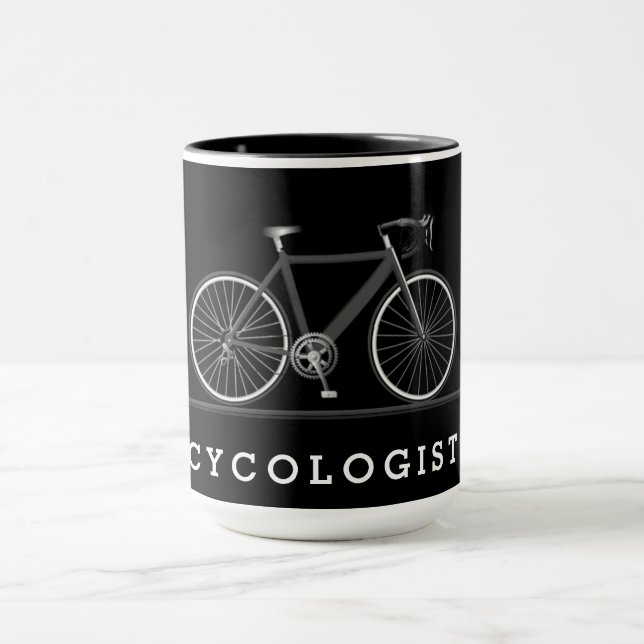 Caneca Ciclista texto com bicicleta cinza (Centro)