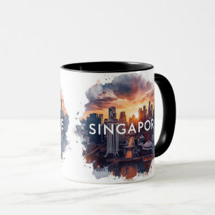 Caneca Cidade de Singapura Retrô Skyline Aquarela