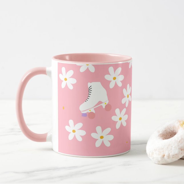 Caneca Cilindro Cor-de-rosa Floral Skates Rastreamento (Com Donut)