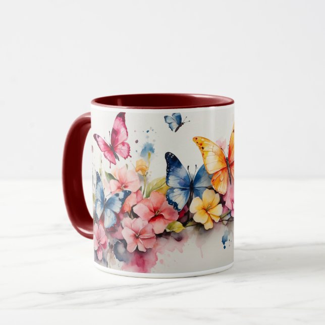 Caneca Cinto-d-água Flores de Borboleta Maroon Mug (Frente Esquerda)