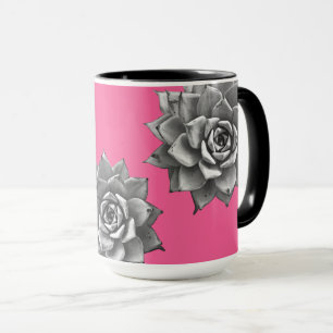 Caneca Cinza de Aquarela Suculta em Rosa Quente