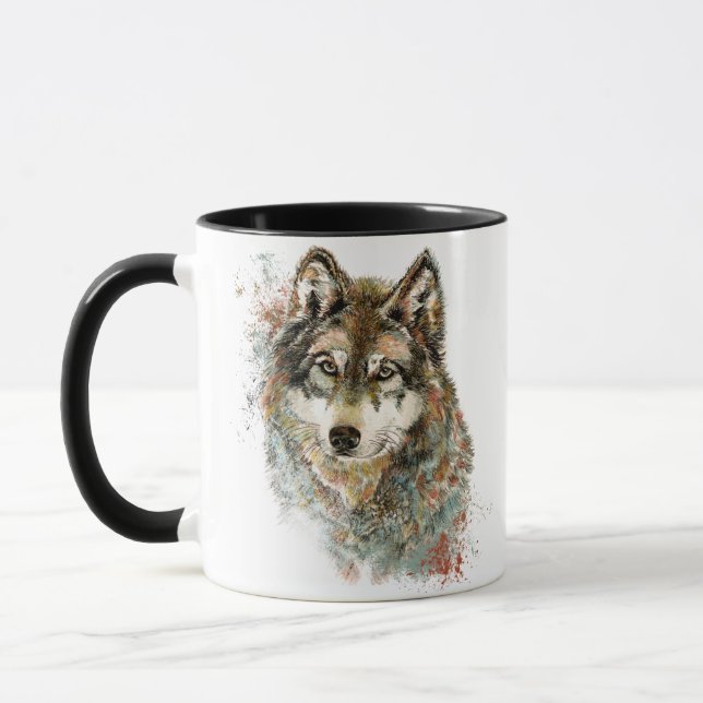 Caneca Cinza de Aquarelas Wolf Willife Animal Art (Esquerda)